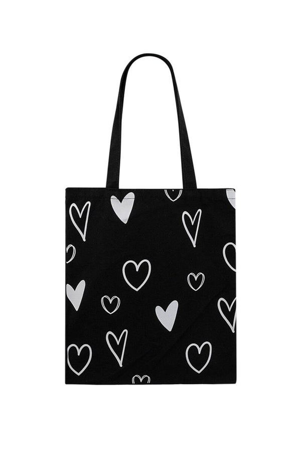 Canvas shopper hartjes zwart