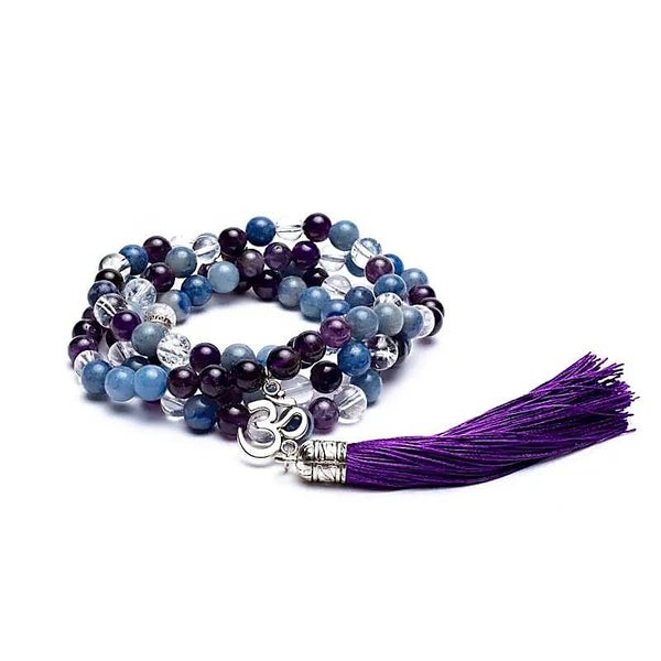 Mala Améthyste/ Aventurine/ Cristal de roche +Om