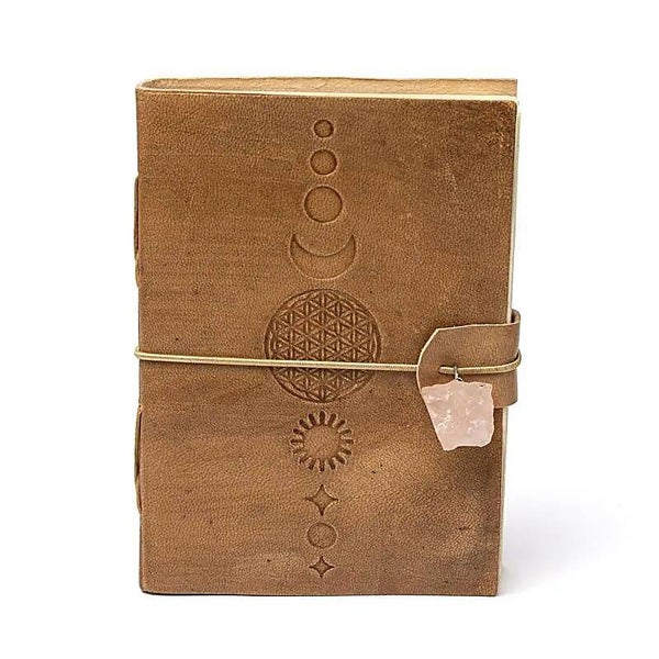 Carnet Fleur de Vie avec quartz rose et couverture en similicuir