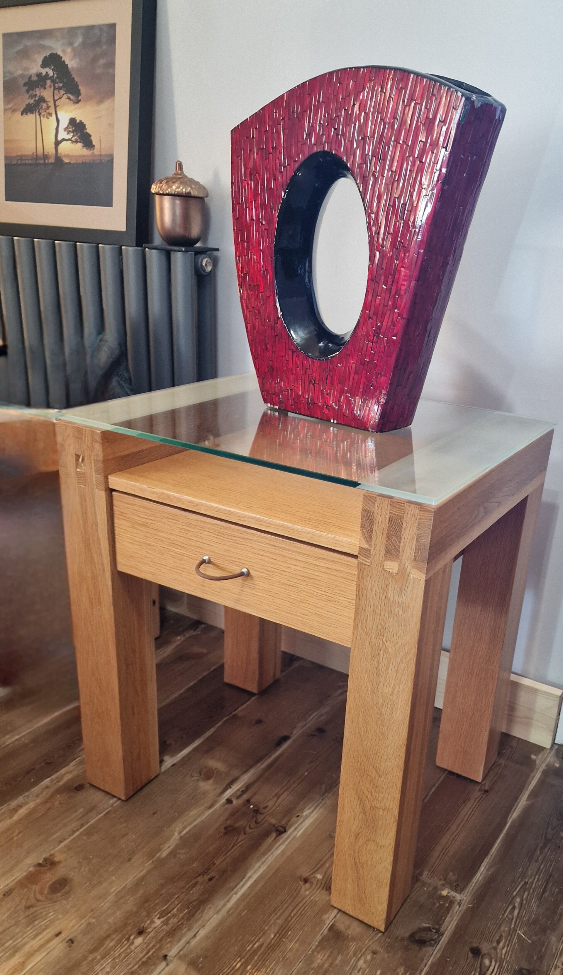 🌿 Solid Oak Console Table with Glass Top & Drawer 🌿
