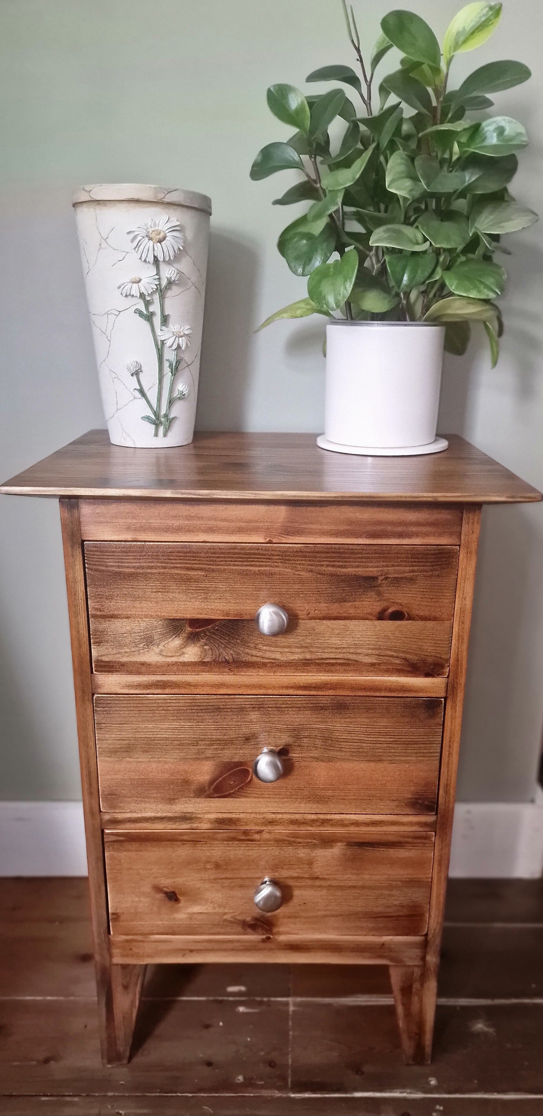 🌿 Solid Pine 3-Drawer Bedside / Tall Side Table – Restored by hand in a Rustic Style