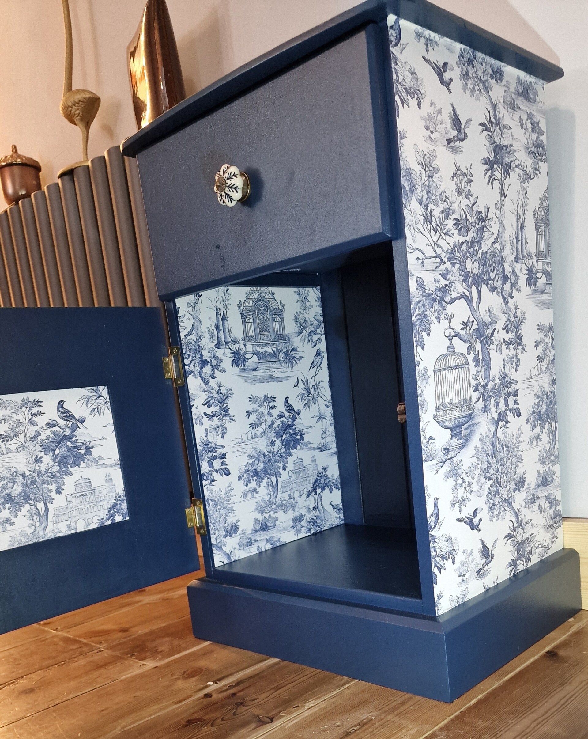 🌿 Small Solid Pine Cabinet with blue & white toile detail 🌿 Reimagined - TC No.001