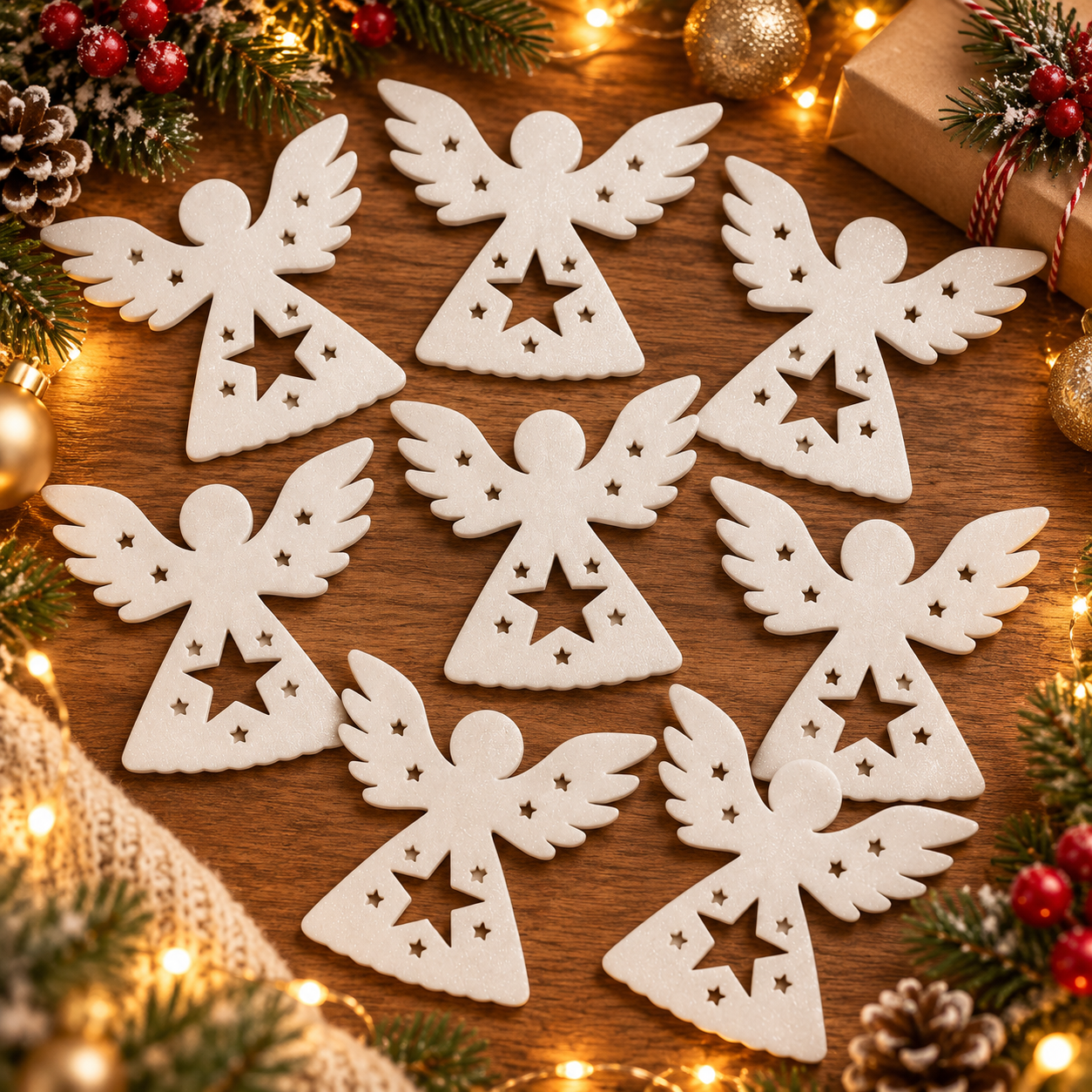 Set van 8 Witte Engel Kerstboomhangers – 3D Geprint – Kerstdecoratie – 8,5 x 8 cm