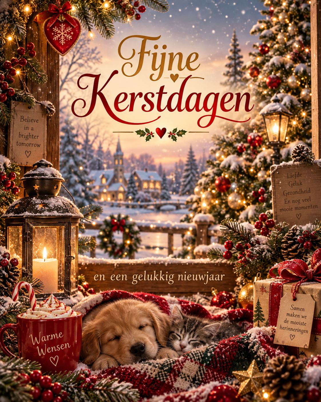 kerstkaart met hondje en katje