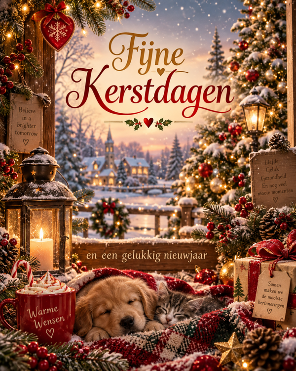 kerstkaart met hondje en katje