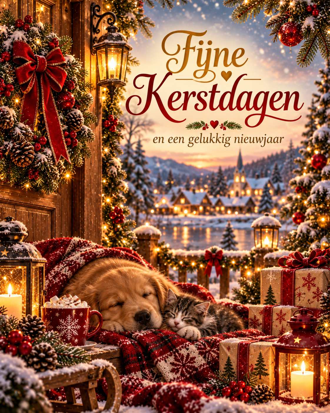 kerstkaart met hondje en katje 2