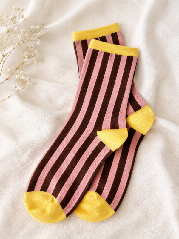 Candy Stripe Sokken roze chocoladebruin & geel