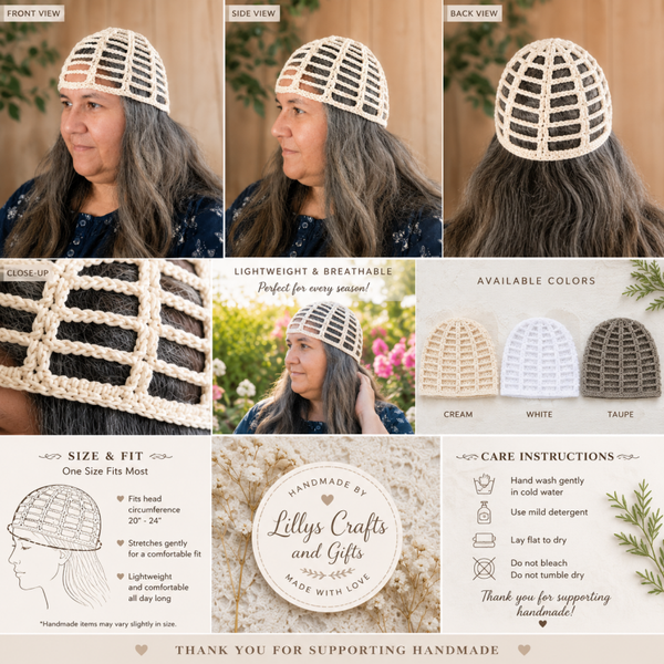 Crochet Mesh Beanie | Lightweight Summer Hat | Handmade Open Weave Skull Cap | Boho Crochet Hat | Women's Handmade Head Covering