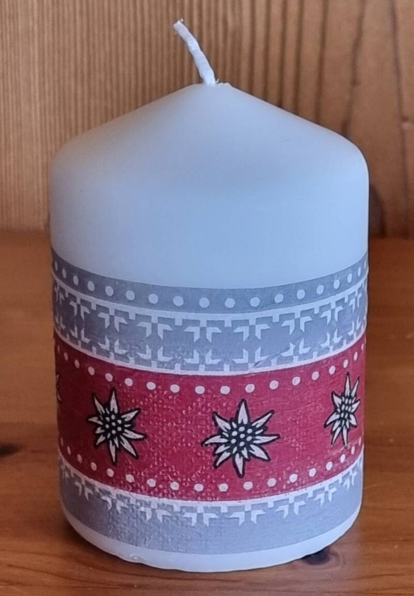 Kerze Edelweiss rot/weiss/grau - 10 x 6.8 cm - Art.Nr. 171