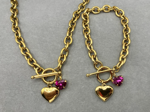 Schakelketting en armband met Heart kristallen.
