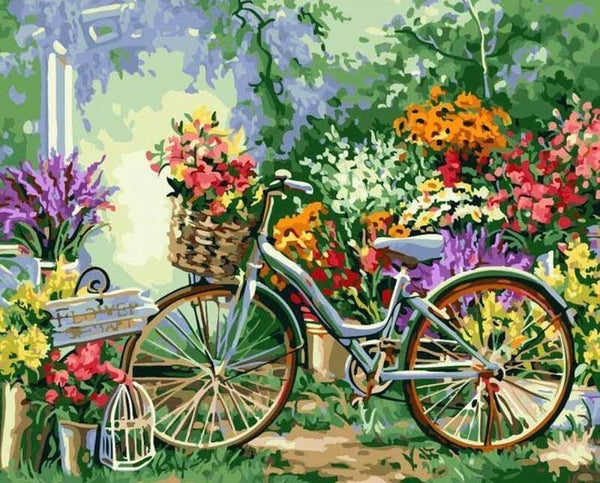Fiets met Bloemen Rond 40x50
