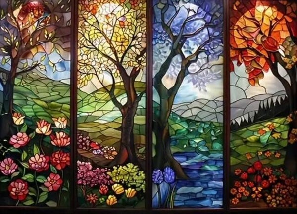 Vier Seizoenen Bomen Rond 40x50