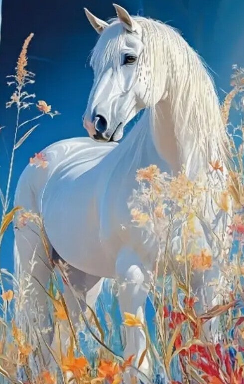 Wit Paard in Bloemenveld Rond 40x70
