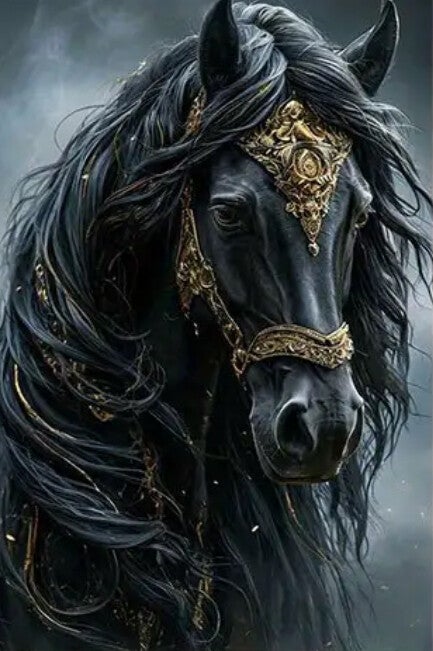 Zwart Paard met Gouden Tuig Rond 40x70