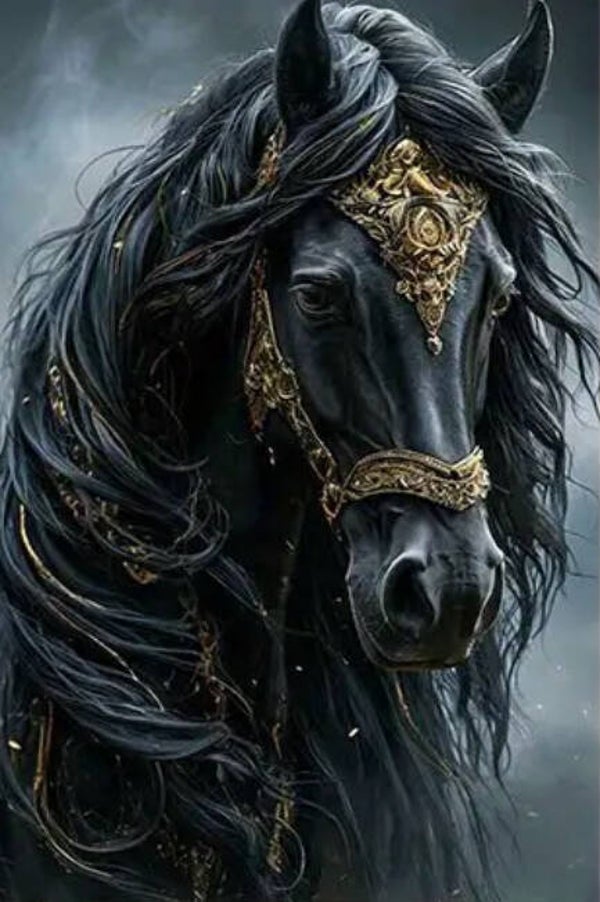 Zwart Paard met Gouden Tuig Rond 40x70