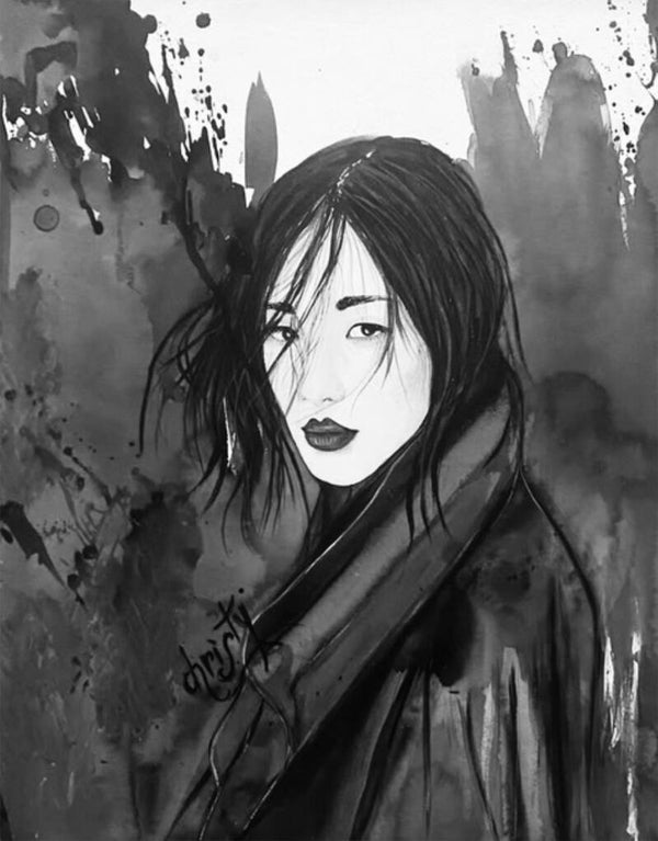 CHRISTY - Mystérieuse en noir et blanc, encres sur papier, marouflé sur toile