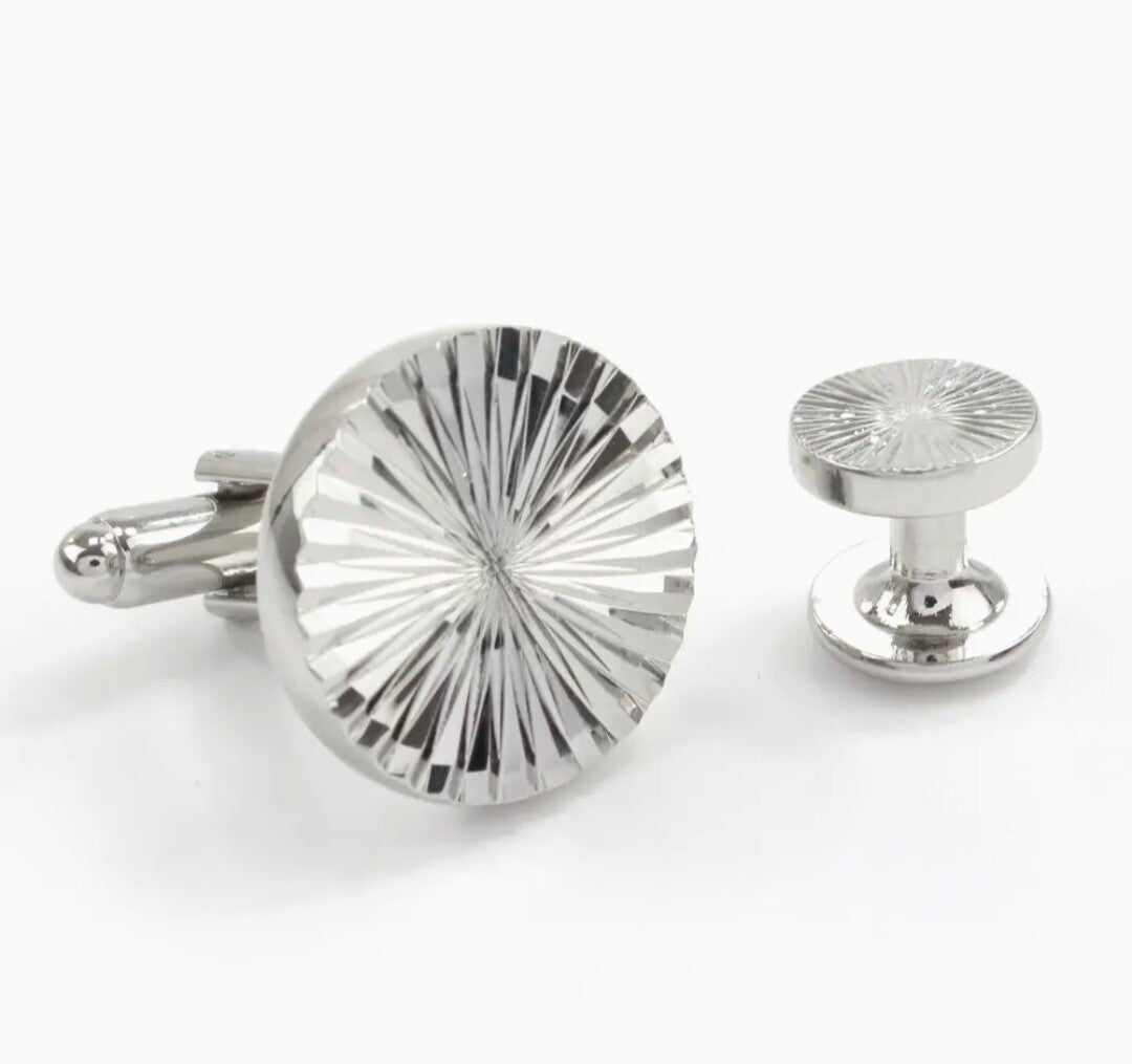 Silver Finish Spiral Etched Cufflinks and Dress Stud Set