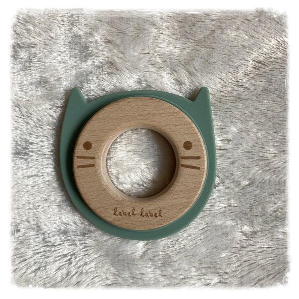 Label Label bijtring  siliconen en hout poes mint