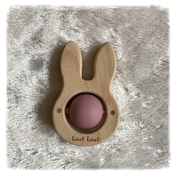 Label Label bijtring siliconen & hout konijn roze