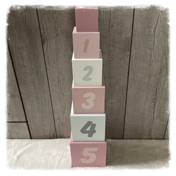 Label Label houten stapelblokken roze (met naam)