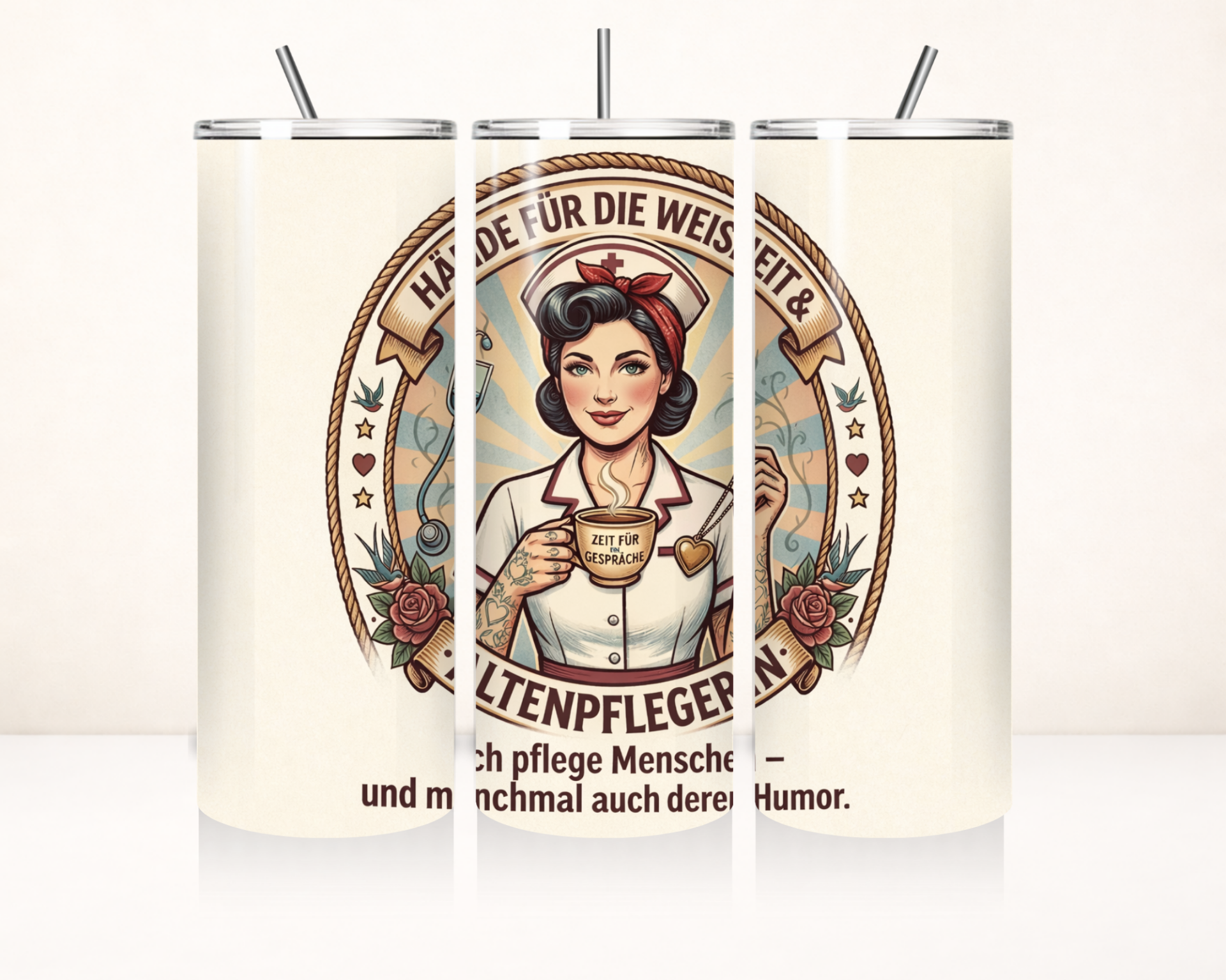 Thermobecher „Altenpflegerin – Ich pflege Menschen und manchmal auch deren Humor“ | Vintage Retro Becher | 590 ml Edelstahl