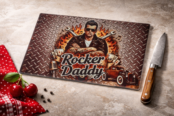 „Rocker Daddy“ – Das ultimative Glas-Schneidebrett für echte Kerle, Handmade – Geschenkidee Küche 🤍 kostenloser Versand