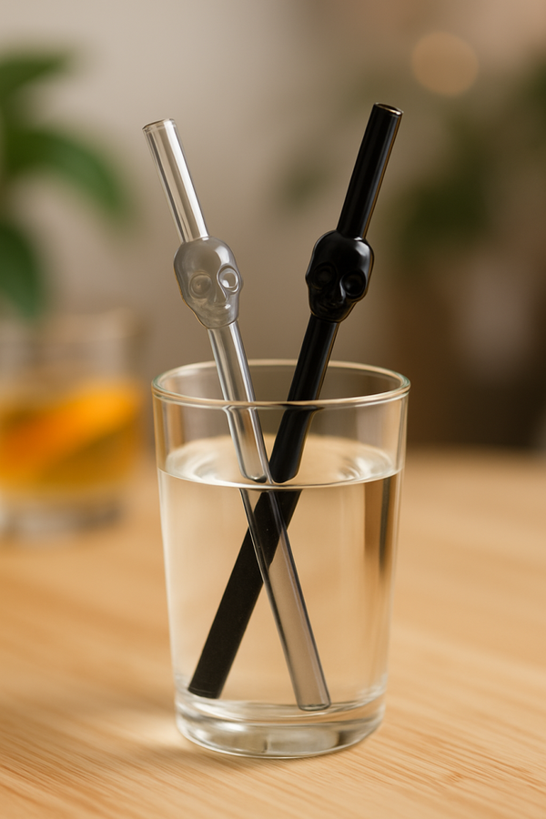 Glasstrohhalm Totenkopf Design – 2er Set mit Bürste