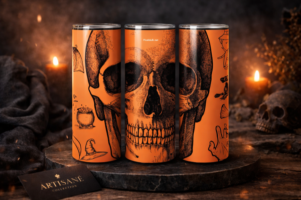 Orange Vintage Skull – 20oz Skinny Tumbler im Skizzen-Stil