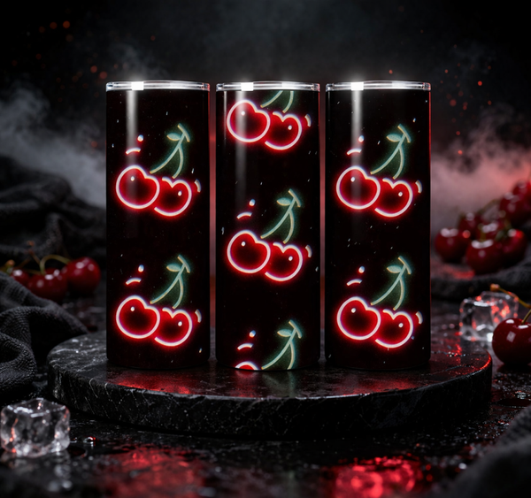 Neon Cherry Night – 20oz Skinny Tumbler im Rockabilly Style