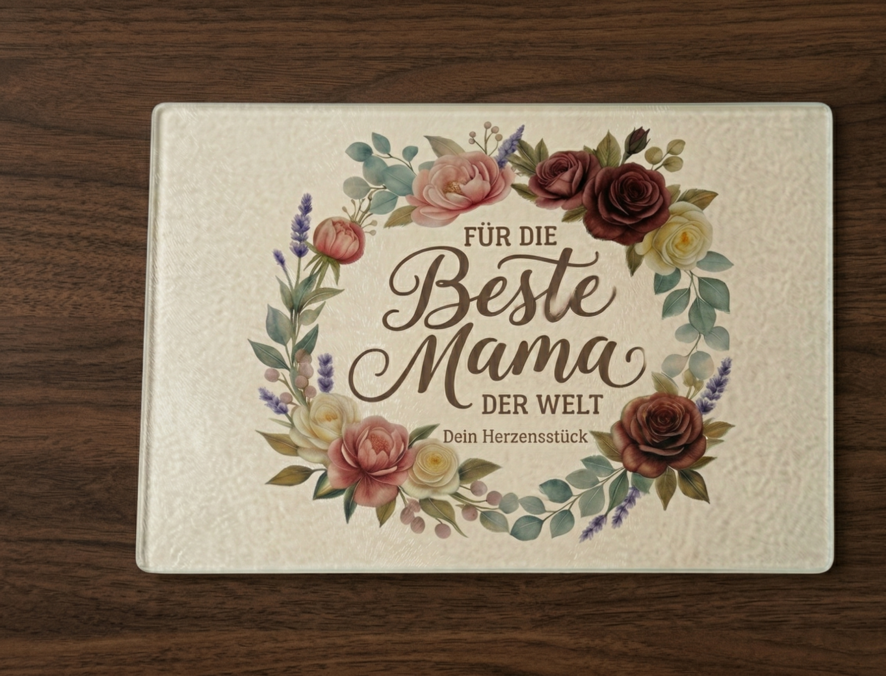 Glasschneidebrett "Beste Mama" – Florales Herzensstück (28x20 cm)