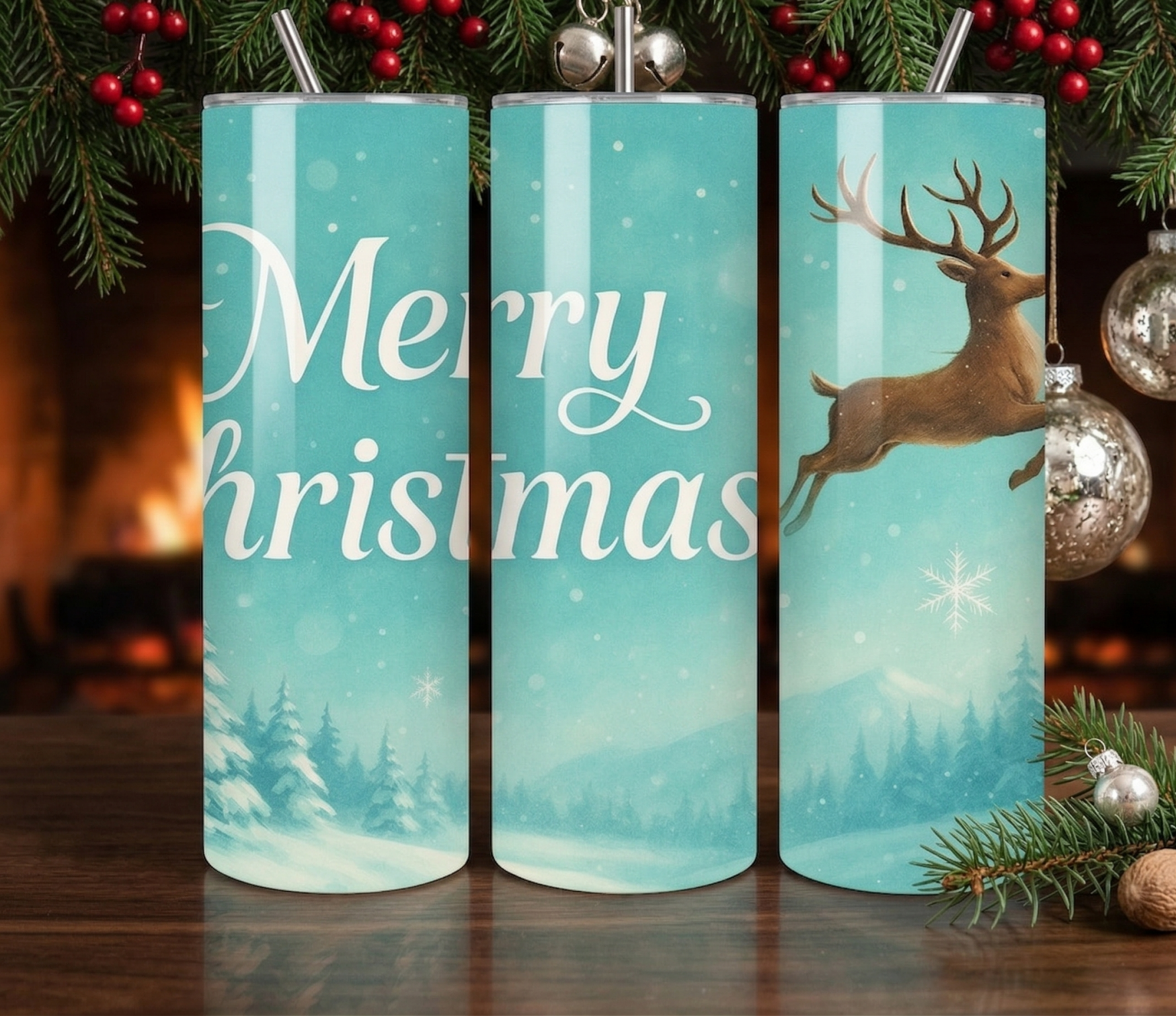 Merry Christmas Reindeer Tumbler – Winterliches Design in Eisblau