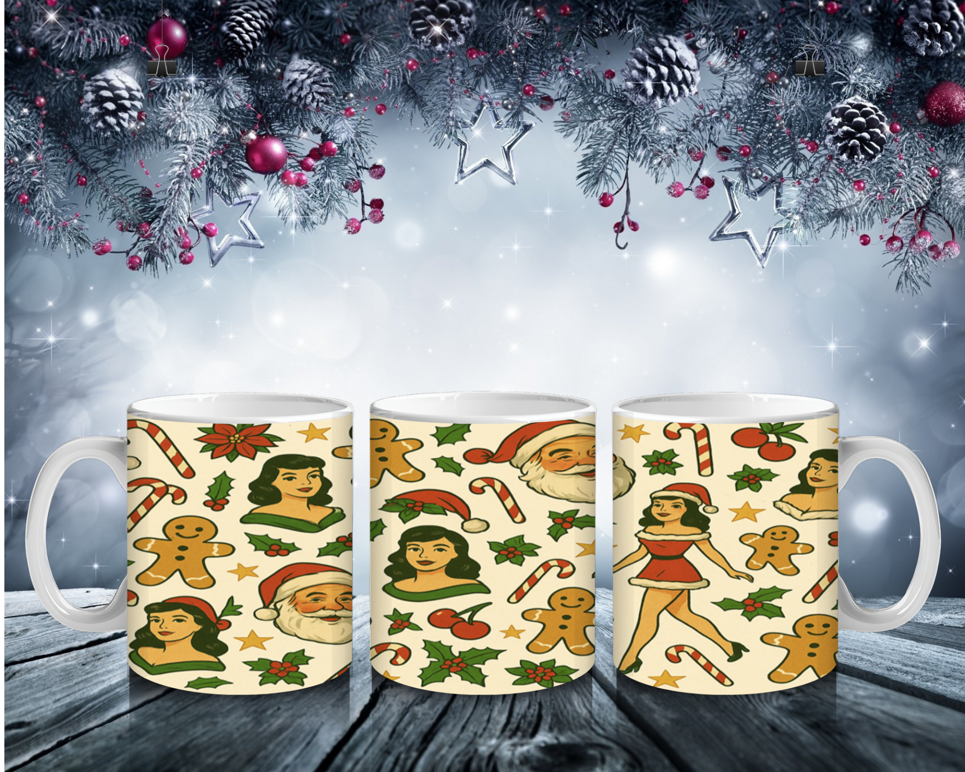 Pin-Up Christmas Cheer – Retro-Weihnachtstasse mit Santa & Lebkuchen