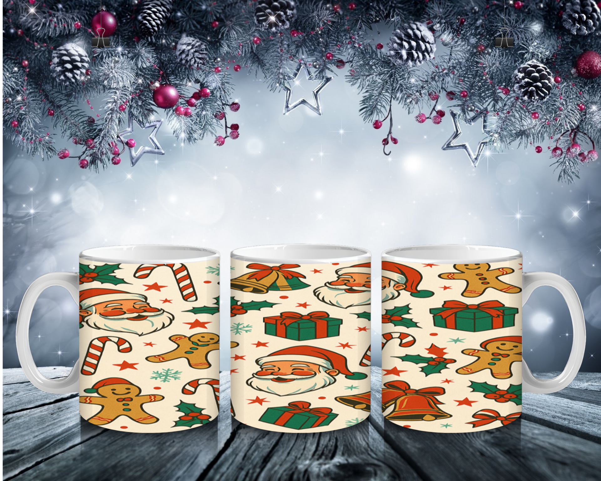 Retro Christmas Cheer – Santa & Gingerbread Tasse