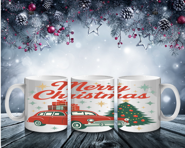 Retro Merry Christmas – Tasse mit Vintage-Auto & Weihnachtsbaum