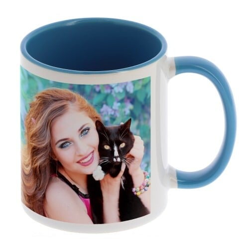 Mug céramique -Blanc/poignée et intérieur bleu clair