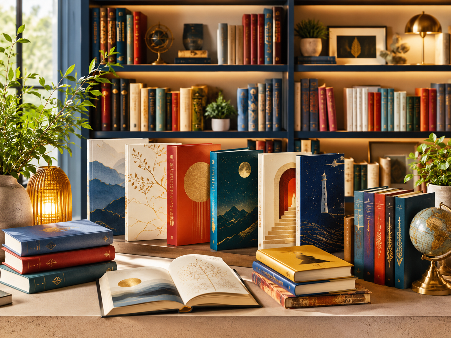 Curated collection of books in a warm reading space