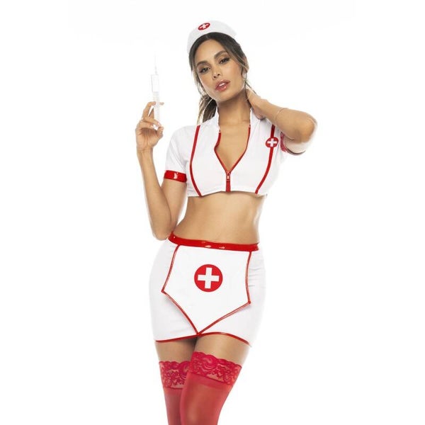 Costume infirmière 3 pièces, top avec zip fonctionnel, jupe et serre tête