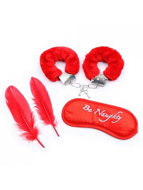 Kit coquin 4 pièces : Menottes, 2 plumes et masque rouge