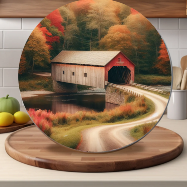 Autumn Covered Bridge Glass Cutting Board