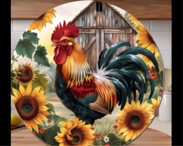 🐓 Rustic Rooster & Sunflowers Glass Cutting Board