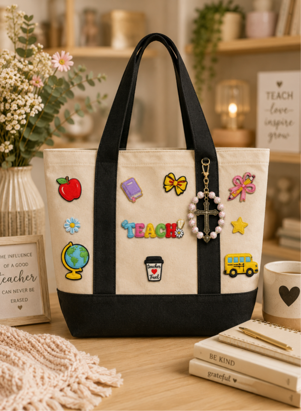 Teacher Life Canvas Tote Bag with Charm Bracelet