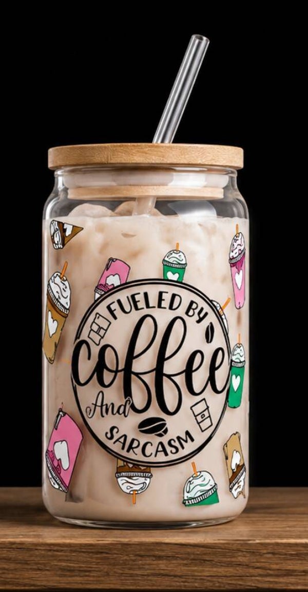 Fueled by Coffee & Sarcasm Glass Can Tumbler – 16 oz