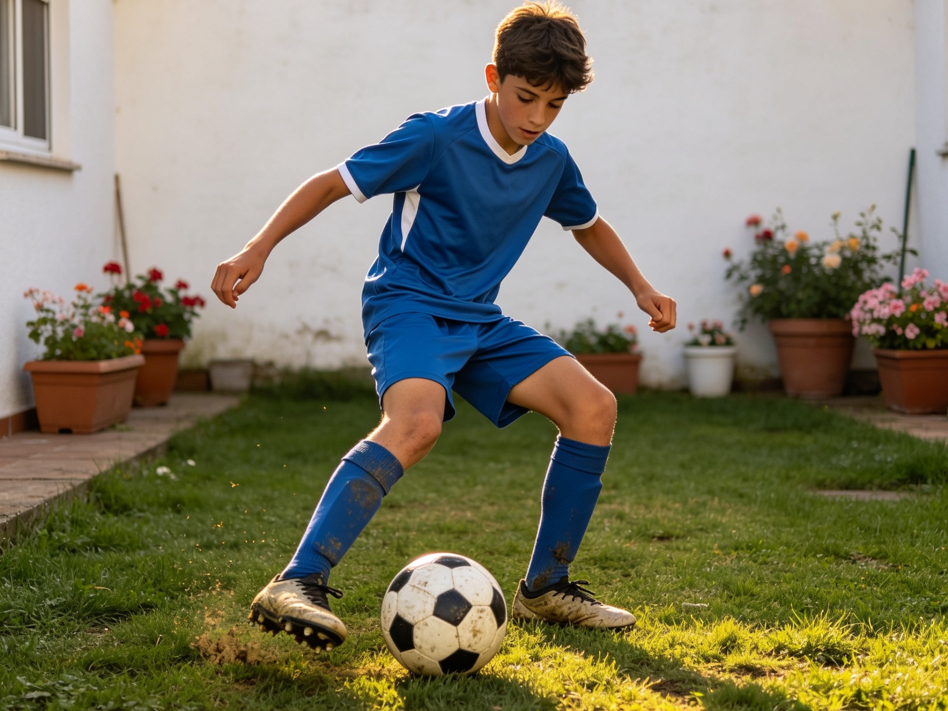 Jugador de fútbol joven practicando control de balón en el patio de su casa