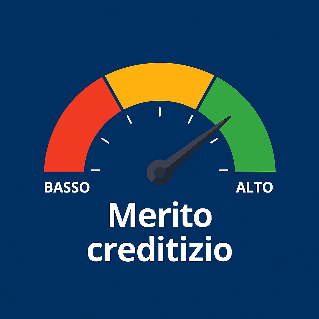 Grafica con sfondo blu e tachimetro semicircolare che rappresenta il merito creditizio: a sinistra zona rossa con scritta “Basso”, a destra zona verde con scritta “Alto”, lancetta puntata verso la parte verde. In basso, testo : “Merito Crediizio"t
