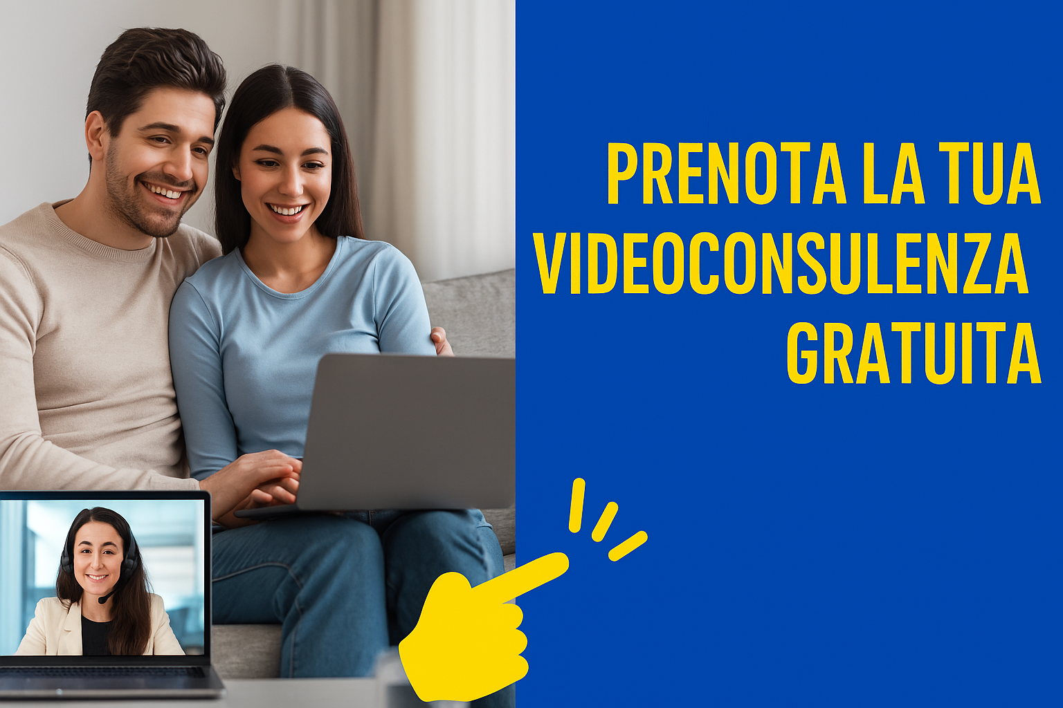 Una coppia seduta comodamente sul divano di casa, in abiti casual, partecipa a una videoconsulenza online tramite computer portatile. Sullo schermo compare una consulente del credito professionale, con cuffie e un sorriso rassicurante. L’ambiente è lumino
