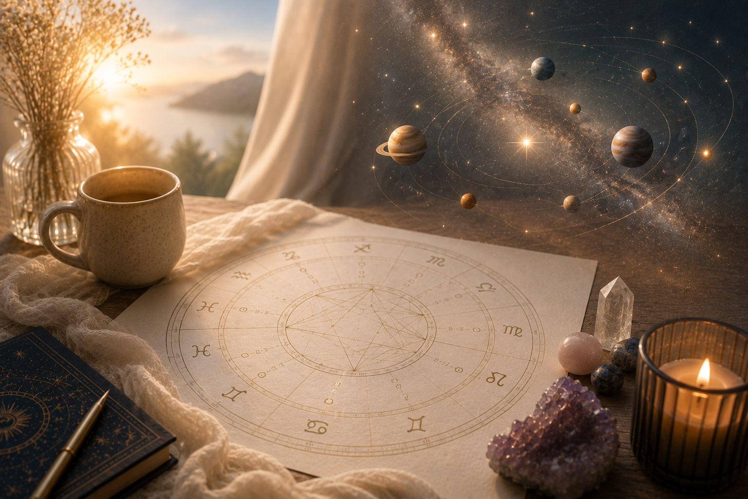Astrologische Abendstimmung mit Kristallen und Licht