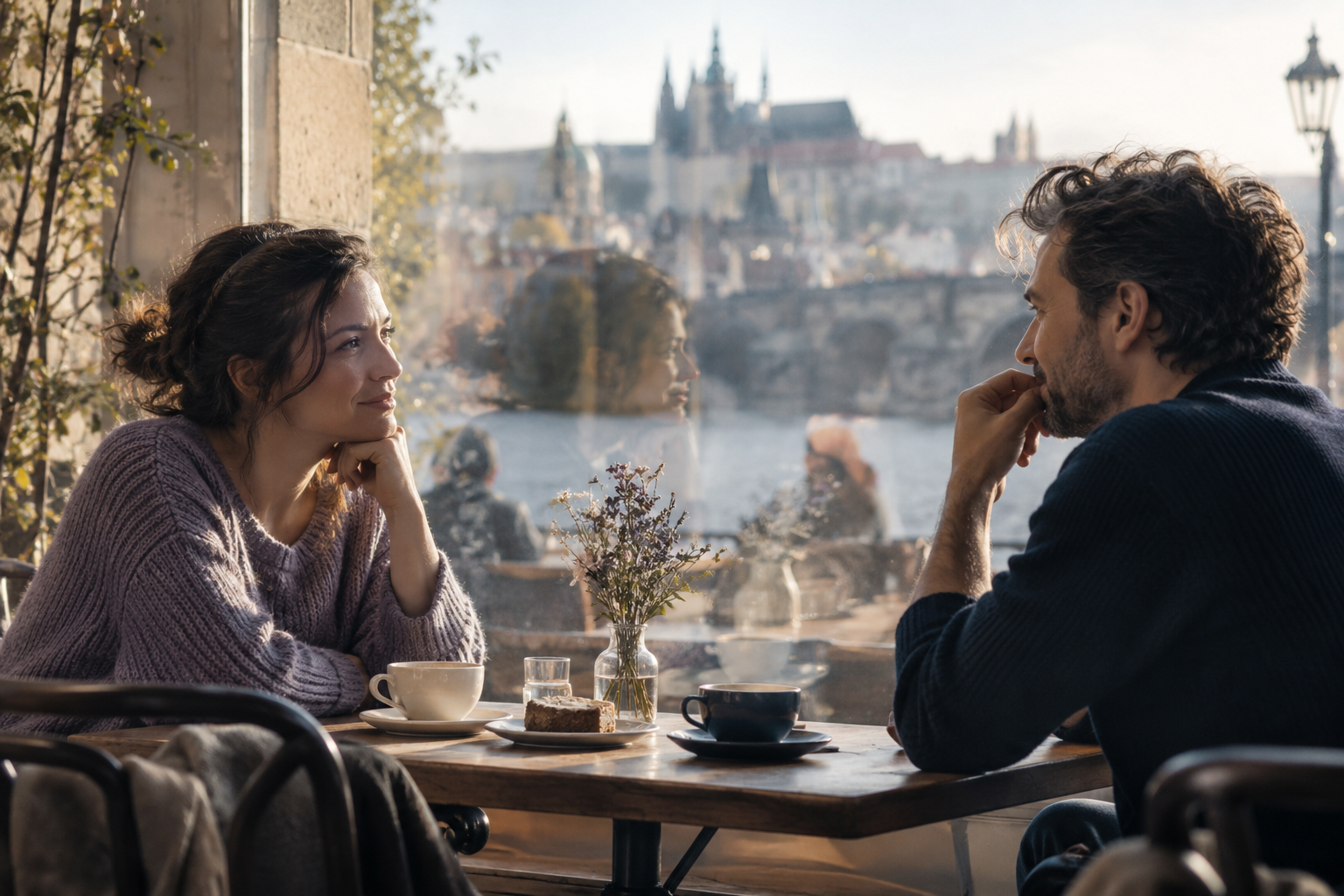Zwei Menschen begegnen sich an einem Fenster; ihre Spiegelungen begleiten den nachdenklichen Moment.
