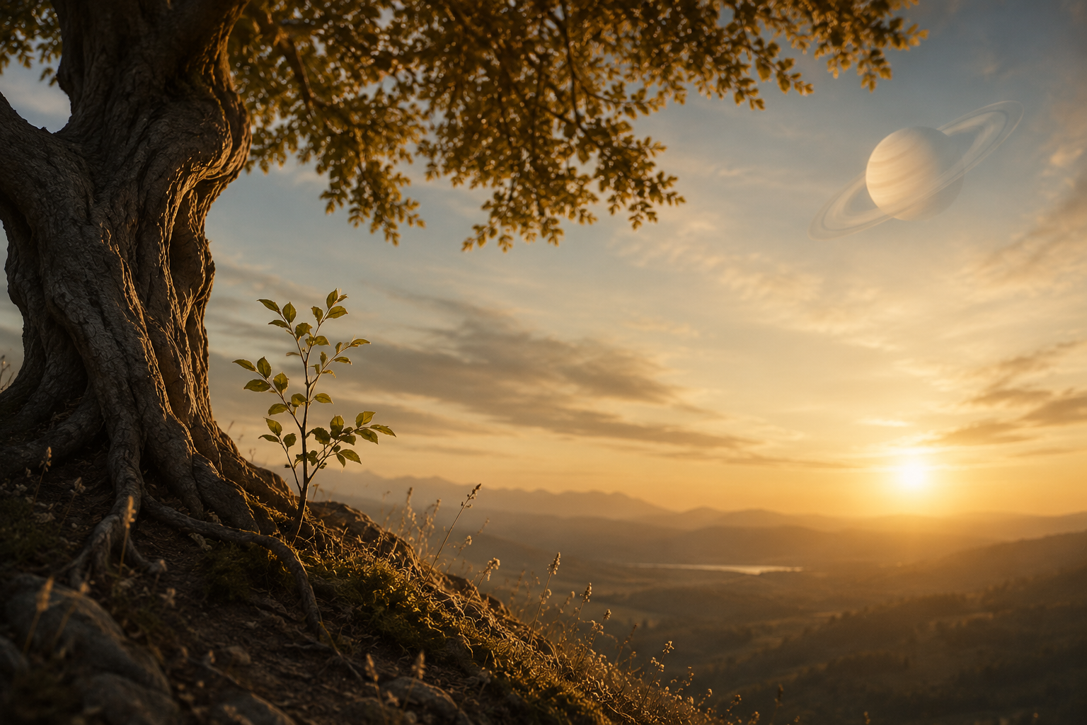 Landschaft im goldenen Licht mit Planet