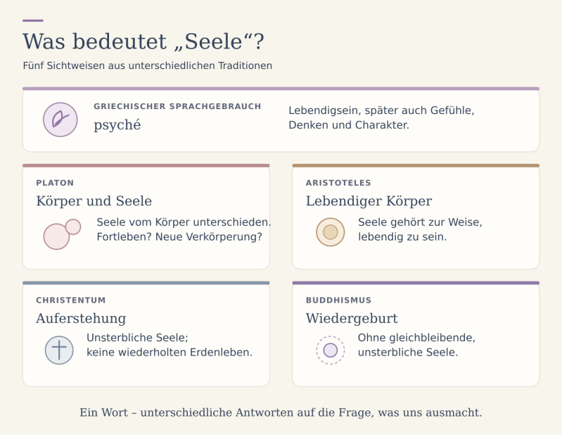 Fünf Vorstellungen von Seele im Überblick: griechische psyché, Platon, Aristoteles, Christentum und Buddhismus.