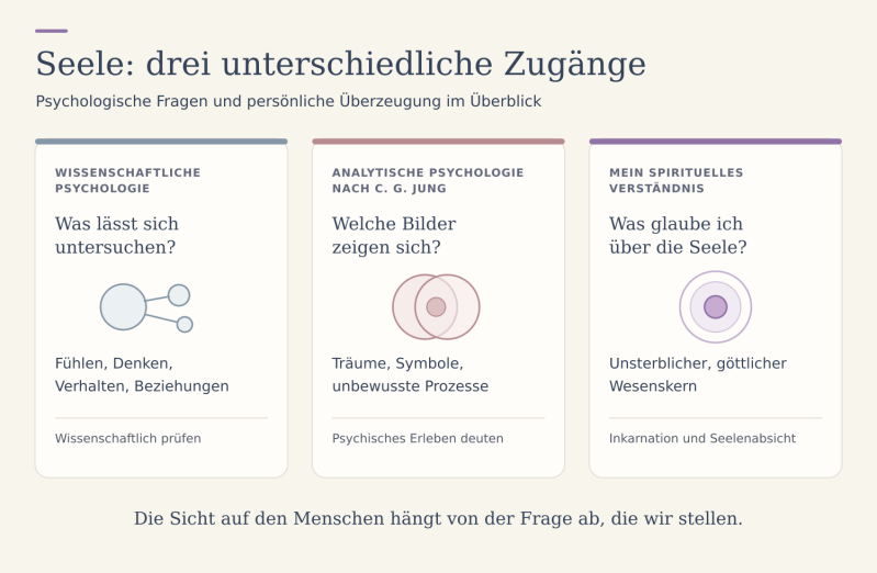 Drei Sichtweisen auf Seele: wissenschaftliche Psychologie, analytische Psychologie nach Jung und das spirituelle Verständnis im Seelenrad.